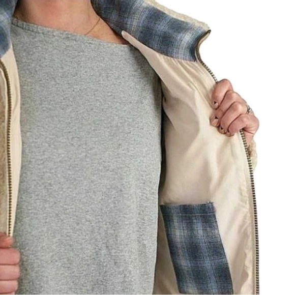 Pendleton Beige deep pile Sherpa fleece plaid accent full zip cozy warm jacket - Picture 7 of 9